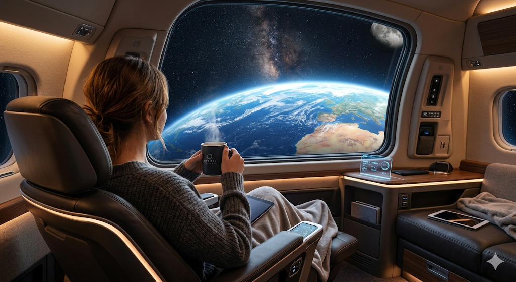 창밖으로 지구가 보이는 우주선 안에서 여유롭게 커피를 마시며 수익률을 확인하는 투자자의 감성적인 뒷모습