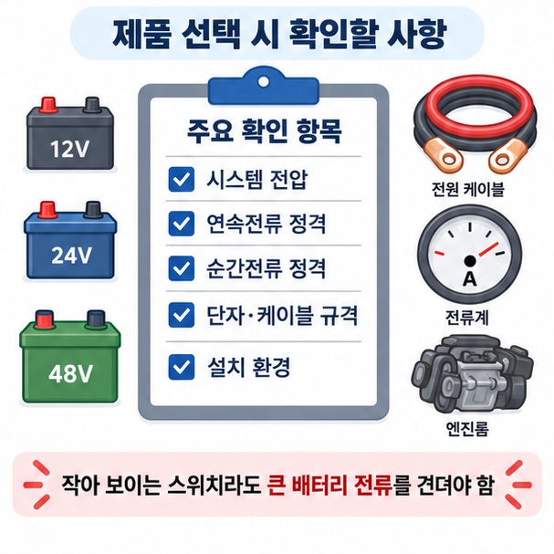 배터리 차단 스위치 선택 시 전압과 연속전류, 순간전류, 단자와 설치환경을 확인하는 이미지
