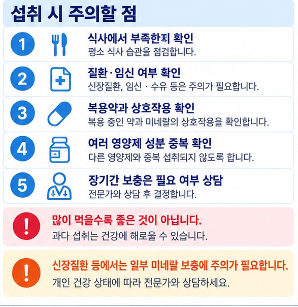 미네랄 보충제 복용 전 식사 상태 질환 복용약 중복 섭취를 확인하는 체크리스트 이미지