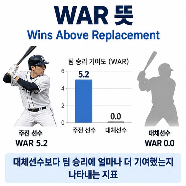 WAR 뜻이라는 제목과 야구 선수, 승리 기여도 그래프, 대체선수 비교 개념을 함께 표현한 대표 이미지