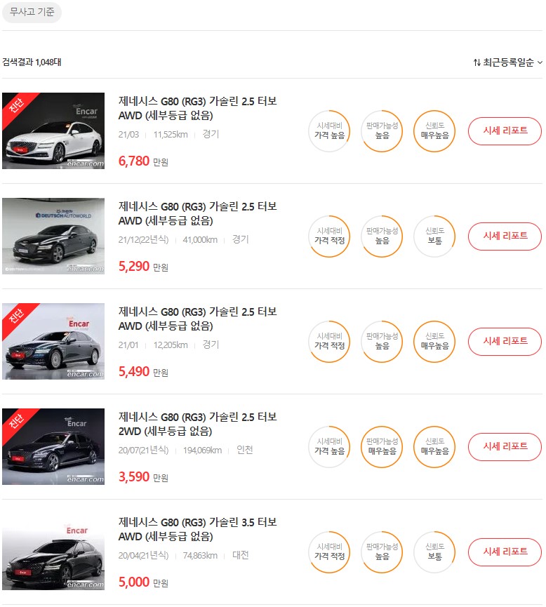 제네시스 G80 중고차 가격, 시세표