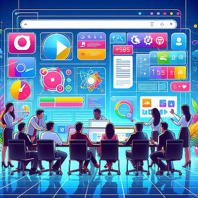 과학적이거나 데이터 분석적인 분위기이며, 원형 차트, 그래프, 설정 아이콘 등이 포함됨.