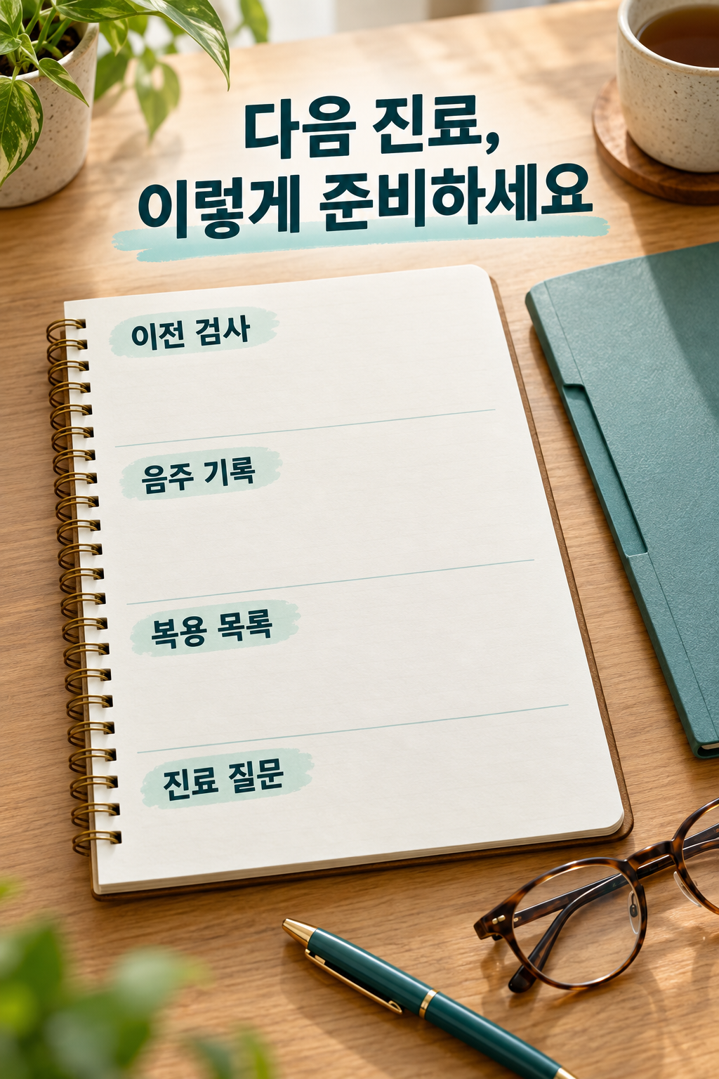 이전 검사&middot;음주 기록&middot;복용 목록&middot;진료 질문 네 제목이 적힌 빈 준비 노트