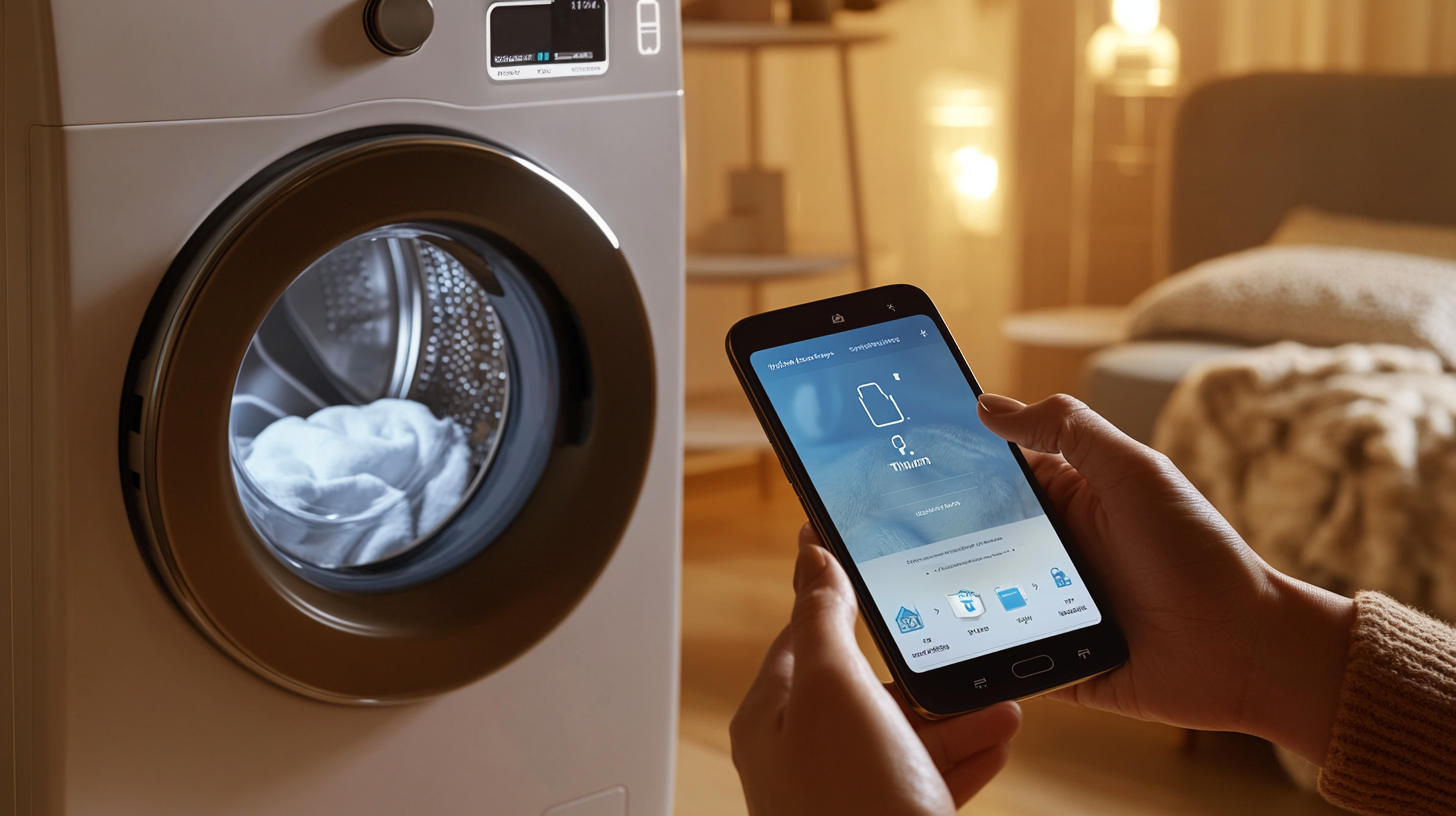 삼성 스마트싱스 앱으로 세탁기를 조작하는 사용자의 모습, 스마트폰 화면이 세탁기의 상태를 실시간으로 보여주는 장면.
