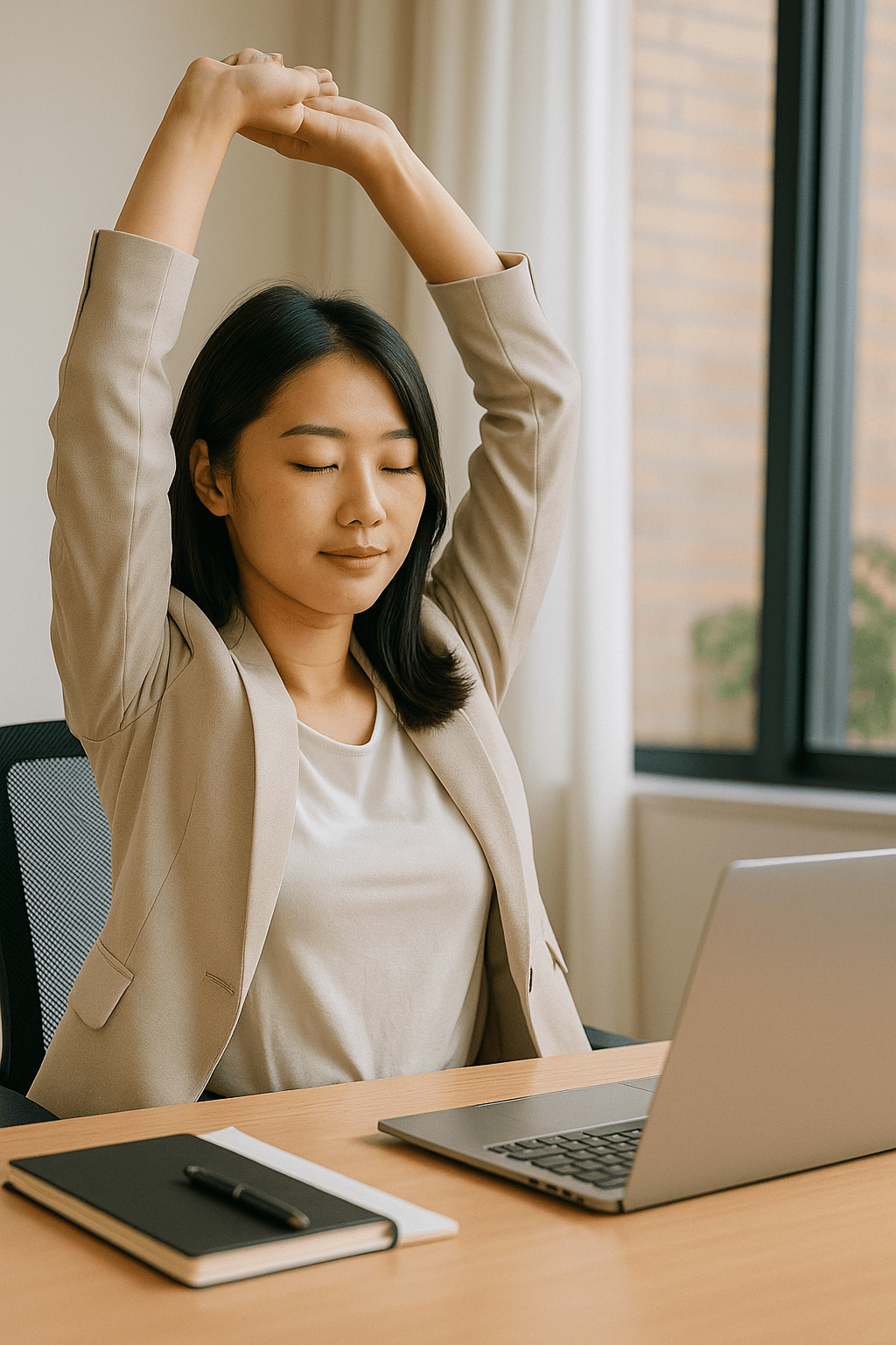 책상 앞에서 스트레칭 중인 젊은 한국인 여성 사무직 직원
