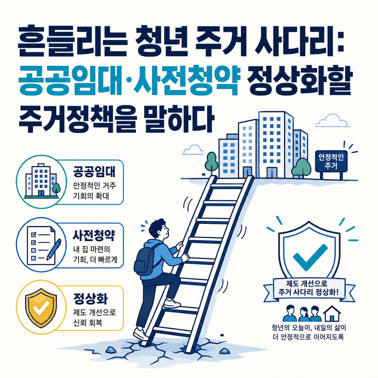 흔들리는 사다리를 오르는 청년과 공공임대주택, 사전청약, 제도 정상화를 상징하는 아이콘으로 청년 주거정책 개선 필요성을 표현한 인포그래픽.