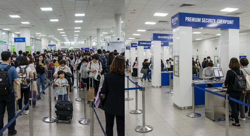 일반 검색대와 프리미엄 검색대에서 대기하는 승객들의 모습 비교.