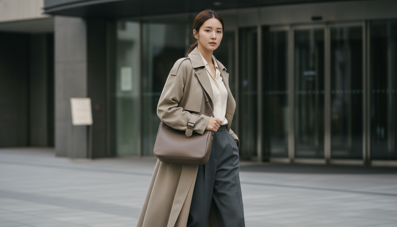 배우 장다아가 영화 속에서 미닛뮤트 토보 숄더백을 메고 세련된 뉴트럴 톤 의상을 입은 모습. 2026년 최신 패션 트렌드를 보여주는 듯한 우아한 스타일링.
