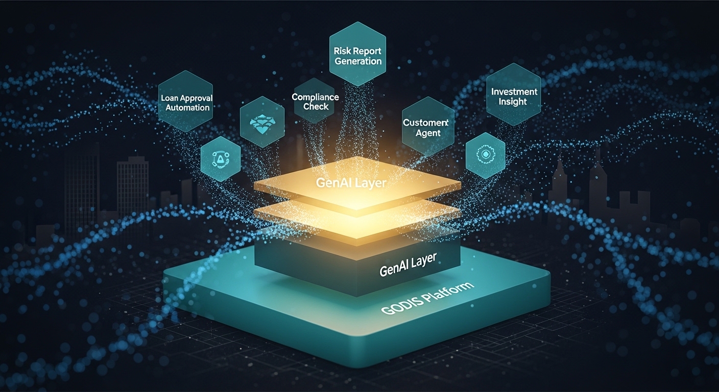ITEyes GenAI financial AI strategy 2026. Center GODIS platform base layer teal. Above it GenAI layer glowing gold. Use cases floating loan approval automation, risk report generation, compliance check, customer service agent, investment insight. Financial institution building silhouette background. Data flow particles. Dark teal English labels.