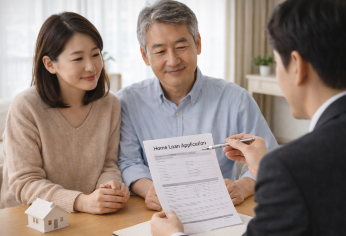 주택담보대출 상담을 받는 중년 부부와 금융 상담사, 'Home Loan Application' 서류를 함께 검토 중인 모습