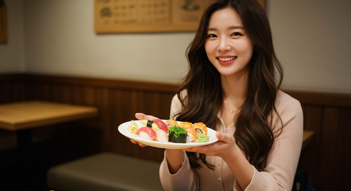 스시 접시를 들고 미소 짓는 귀여운 한국인 여성