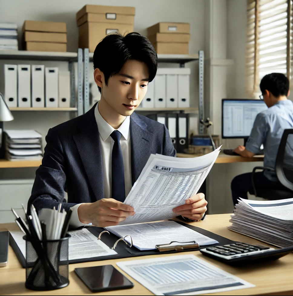 세무 관련 문서를 분석하는 사무직 직원