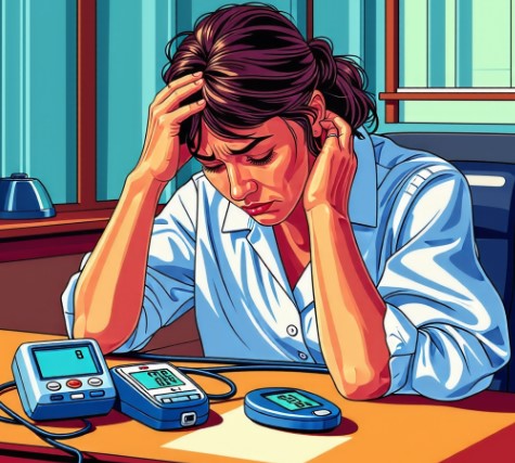 혈당계와 혈압계가 책상 위에 있고, 여성 1명이 앉아있습니다.