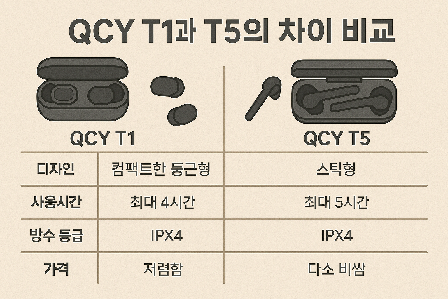 qcy t1 t5 차이 비교