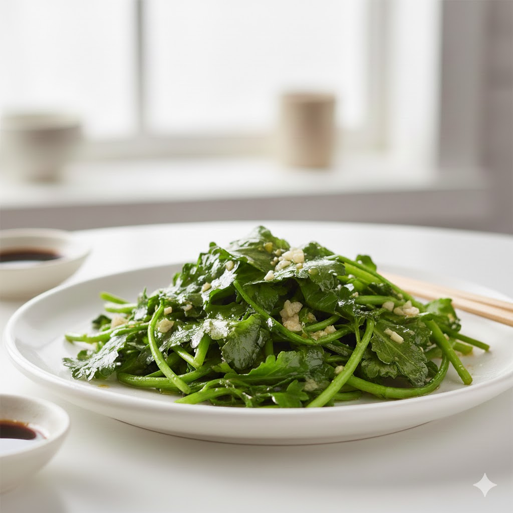 초록빛 색감이 선명하고 고소한 풍미가 쑥갓 향과 어우러진 쑥갓 나물 볶음