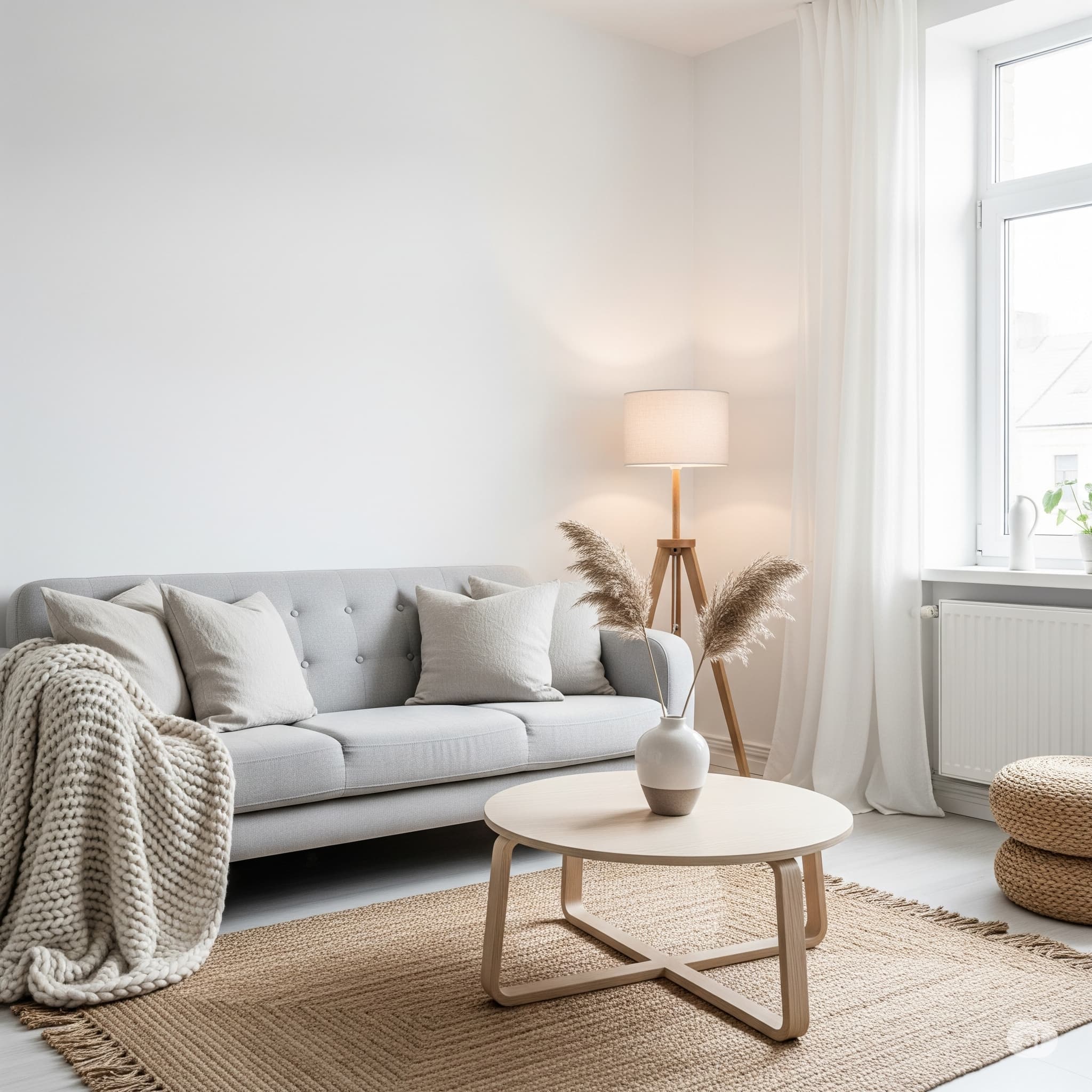 화이트 벽과 내추럴 패브릭 소품으로 꾸민 미니멀 인테리어 거실