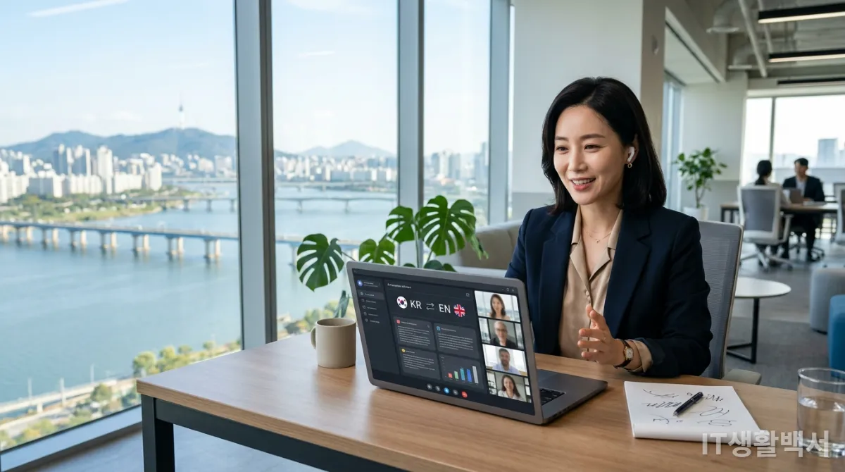 한강이 보이는 사무실에서 AI 번역 프로젝트를 논의하는 한국 여성