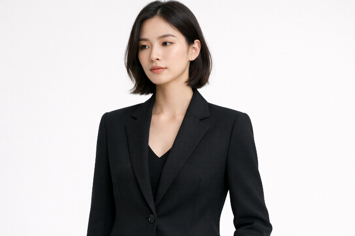 2026년 뉴 포멀 트렌드인 소프트 테일러링 핏의 재킷 착용 샷.