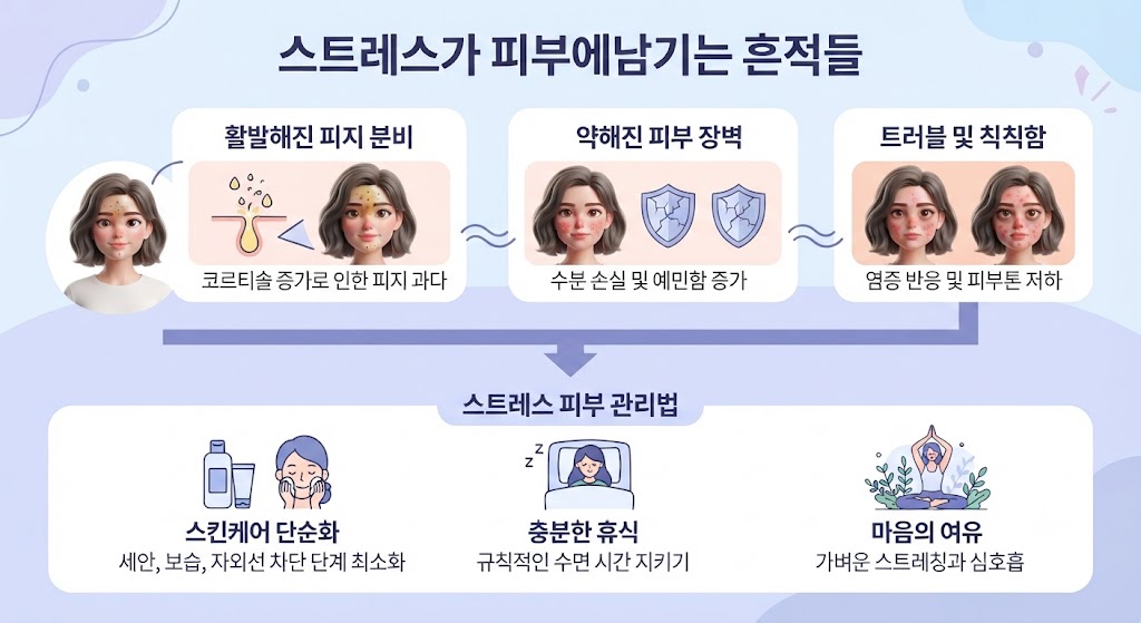 "파스텔 톤의 부드러운 조명 아래, 스트레스 피부 관리법을 3D 아이콘과 캐릭터로 표현한 인포그래픽. 스킨케어 단계를 단순화한 화장품 용기(클렌저, 토너), 규칙적인 수면 시간을 나타내는 시계와 침대에서 휴식하는 캐릭터, 마음의 여유를 찾으며 심호흡하는 캐릭터가 입체적으로 배치되어 있다."