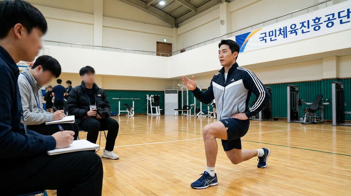 스포츠지도사 실기 및 구술 시험장에서 동작을 시연하고 답변하는 수험생