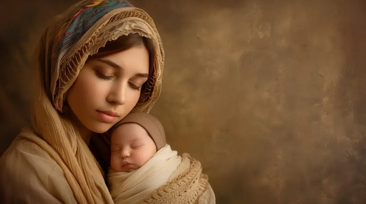 A picture of Mary holding baby Jesus in her arms.
