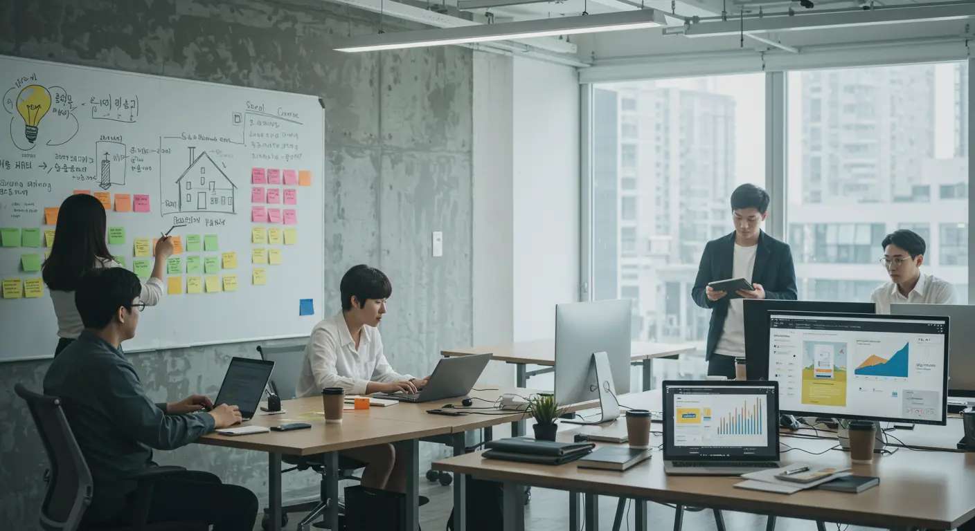 AI 부동산 스타트업 설립 과정을 보여주는 단계별 흐름도