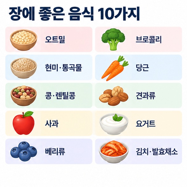 오트밀 통곡물 콩류 사과 베리류 브로콜리 당근 견과류 요거트 김치 발효채소 10가지를 정리한 이미지