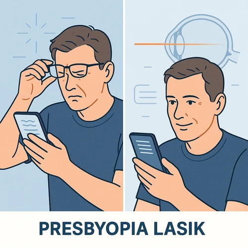 Presbyopia LASIK surgery guide showing near and far vision correction for people over 40 without reading glasses
