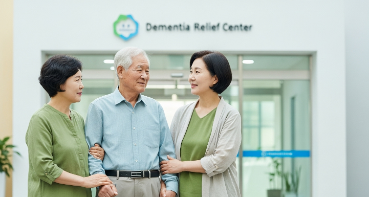중년의 딸이 치매가 의심되는 부모님과 함께 치매안심센터 앞에 서서 손을 잡고 미소 짓는 모습. 부모님 돌봄에 대한 희망과 안심을 표현합니다.