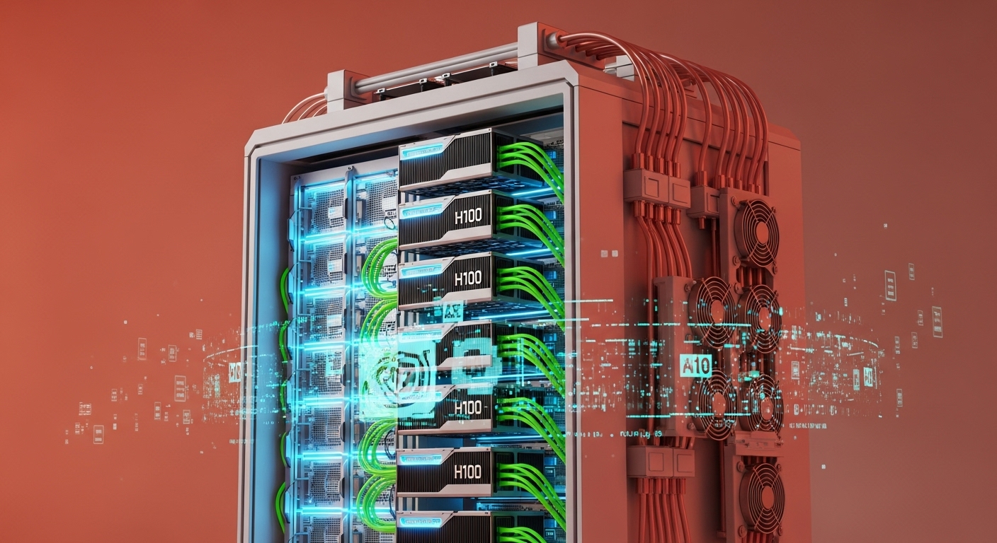 고성능 엔비디아 GPU 칩이 탑재된 미래형 데이터센터 서버 랙, AI 연산을 수행하는 모습을 표현.