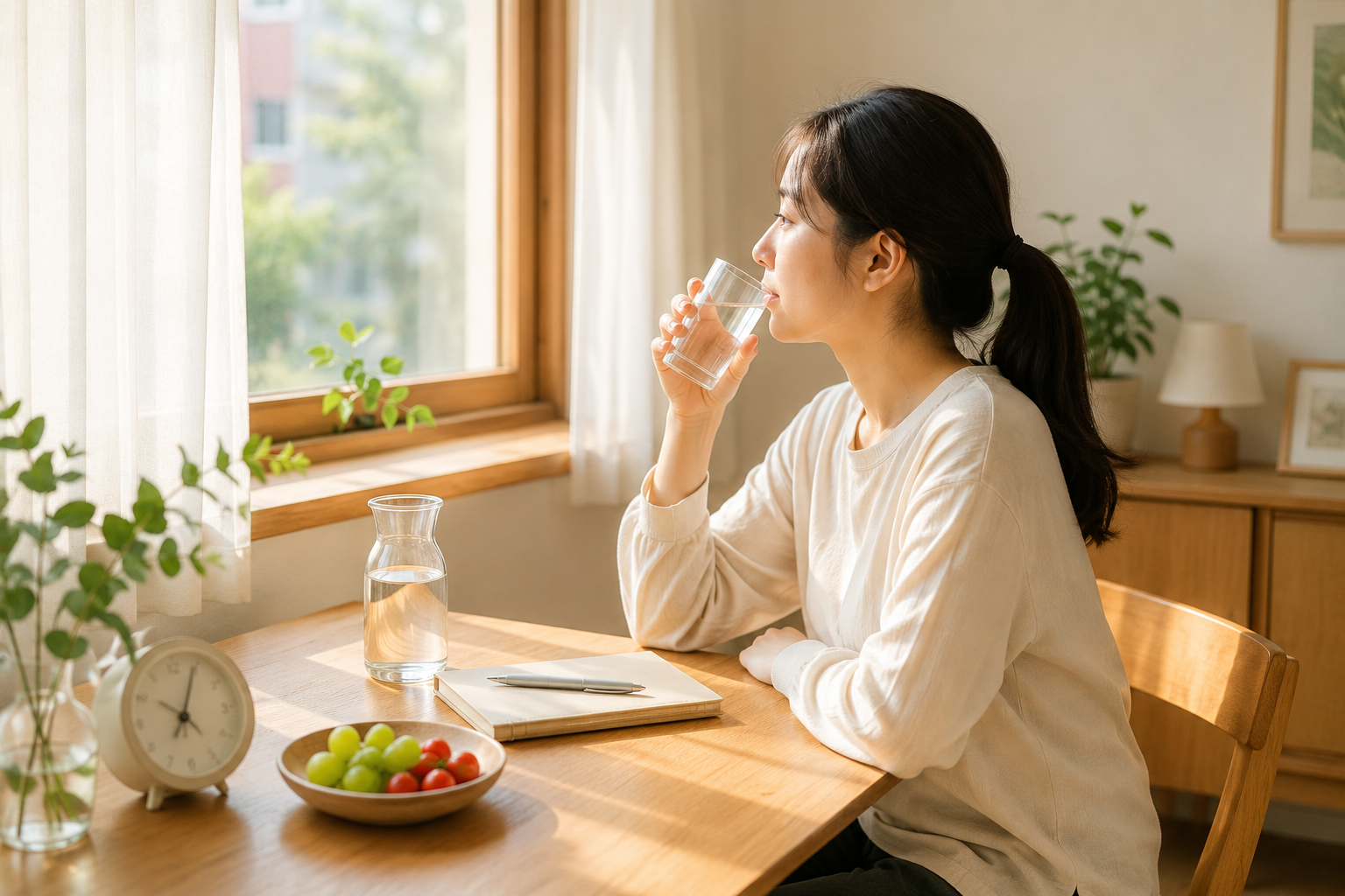 생각이 많아지는 날에는 물 한 잔을 마시며 잠깐 멈추고, 머릿속 일을 종이에 적어보는 것부터 시작해 보세요.
