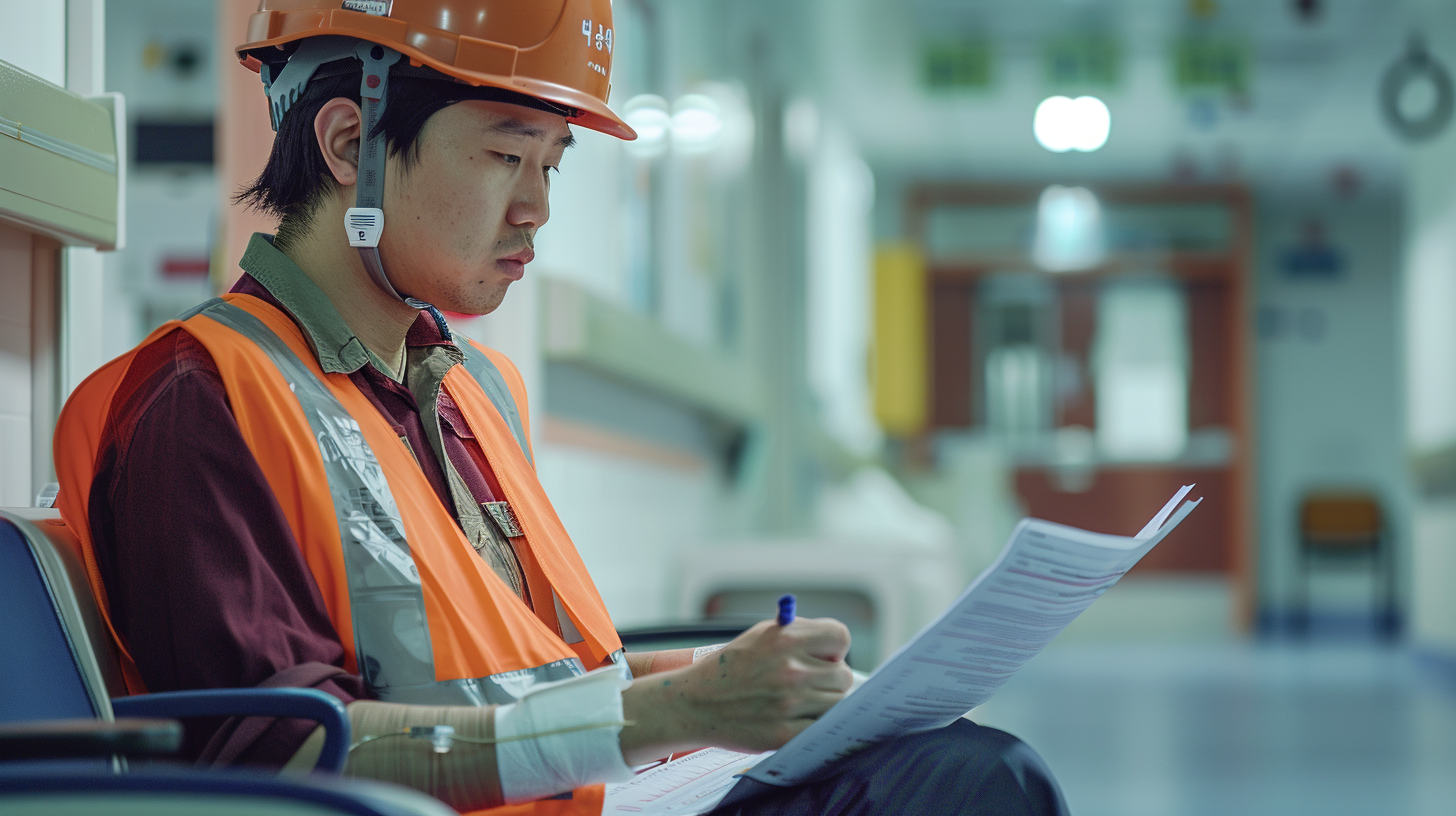 다친 채로 혼자 서류를 작성하는 장면