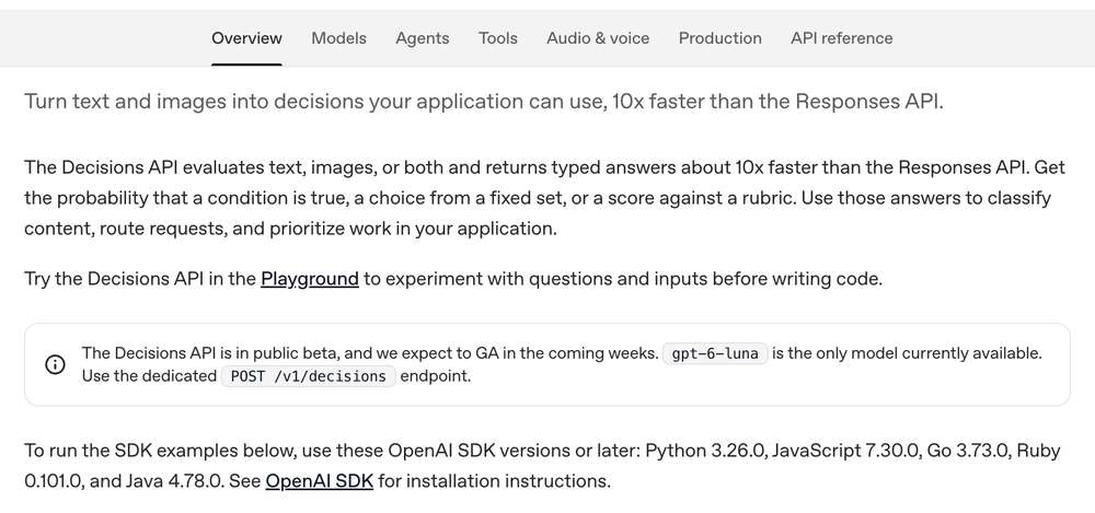OpenAI 개발자 문서 Decisions 가이드 상단: 텍스트와 이미지를 10배 빠르게 판정, 공개 베타이며 GA는 몇 주 안, gpt-6-luna만 지원, POST /v1/decisions 엔드포인트, SDK 최소 버전