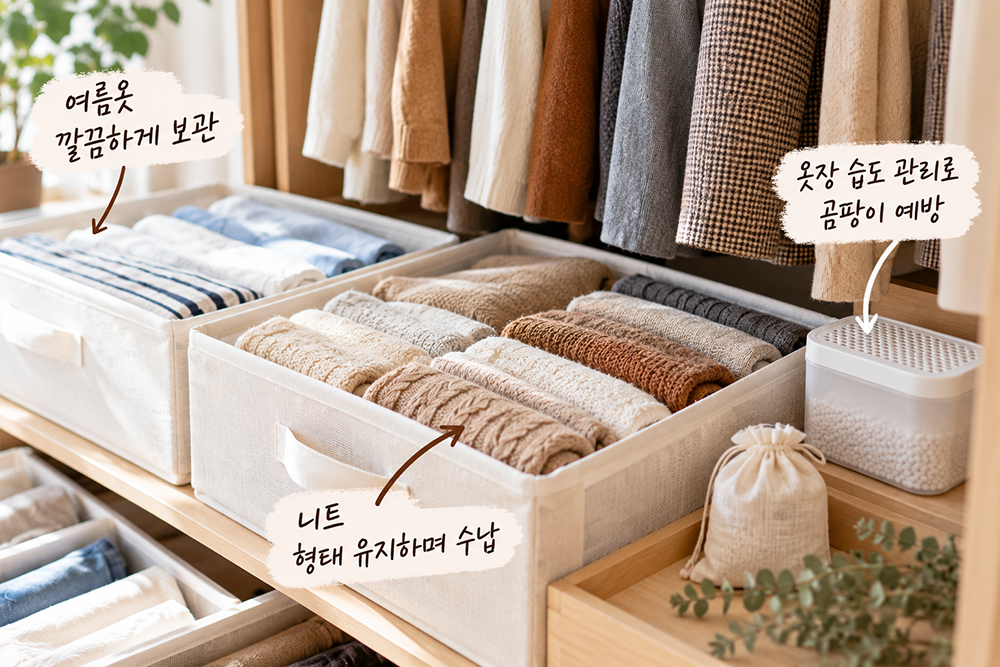 여름옷과 니트를 분리해 수납하고 옷장 습도를 관리하는 가을 옷장 정리 모습