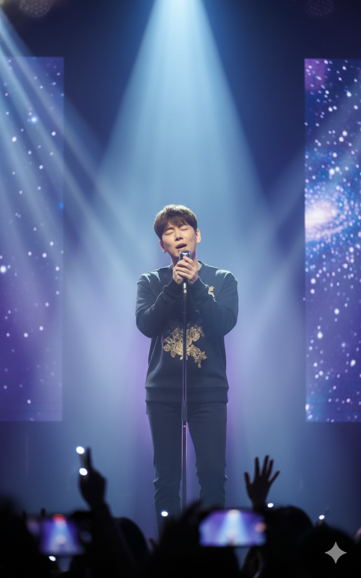 DK가 마이크를 잡고 노래하는 감성적인 이미지