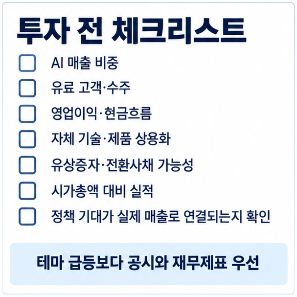 인공지능 관련주 투자 전 AI 매출 수주 영업이익 현금흐름 전환사채 유상증자 밸류에이션을 확인하는 체크리스트 이미지