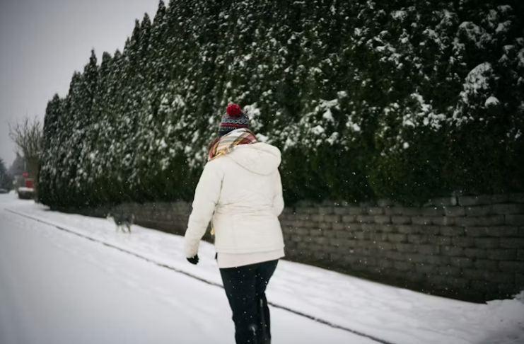 눈이 내리는 겨울 거리에서 따뜻한 옷차림으로 걷는 사람의 뒷모습. 추운 날씨 속에서도 심혈관 건강을 지키기 위한 실천을 보여주는 모습.
