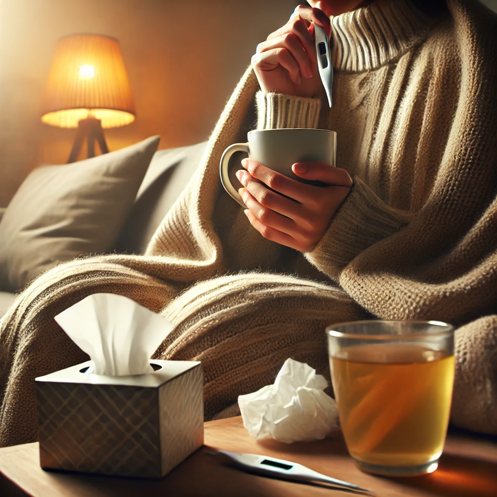 감기에 걸린 사람이 따뜻한 담요를 덮고 소파에 앉아 허브차를 마시는 모습. 옆에는 티슈 상자와 체온계가 놓여 있어 감기 증상을 강조함
