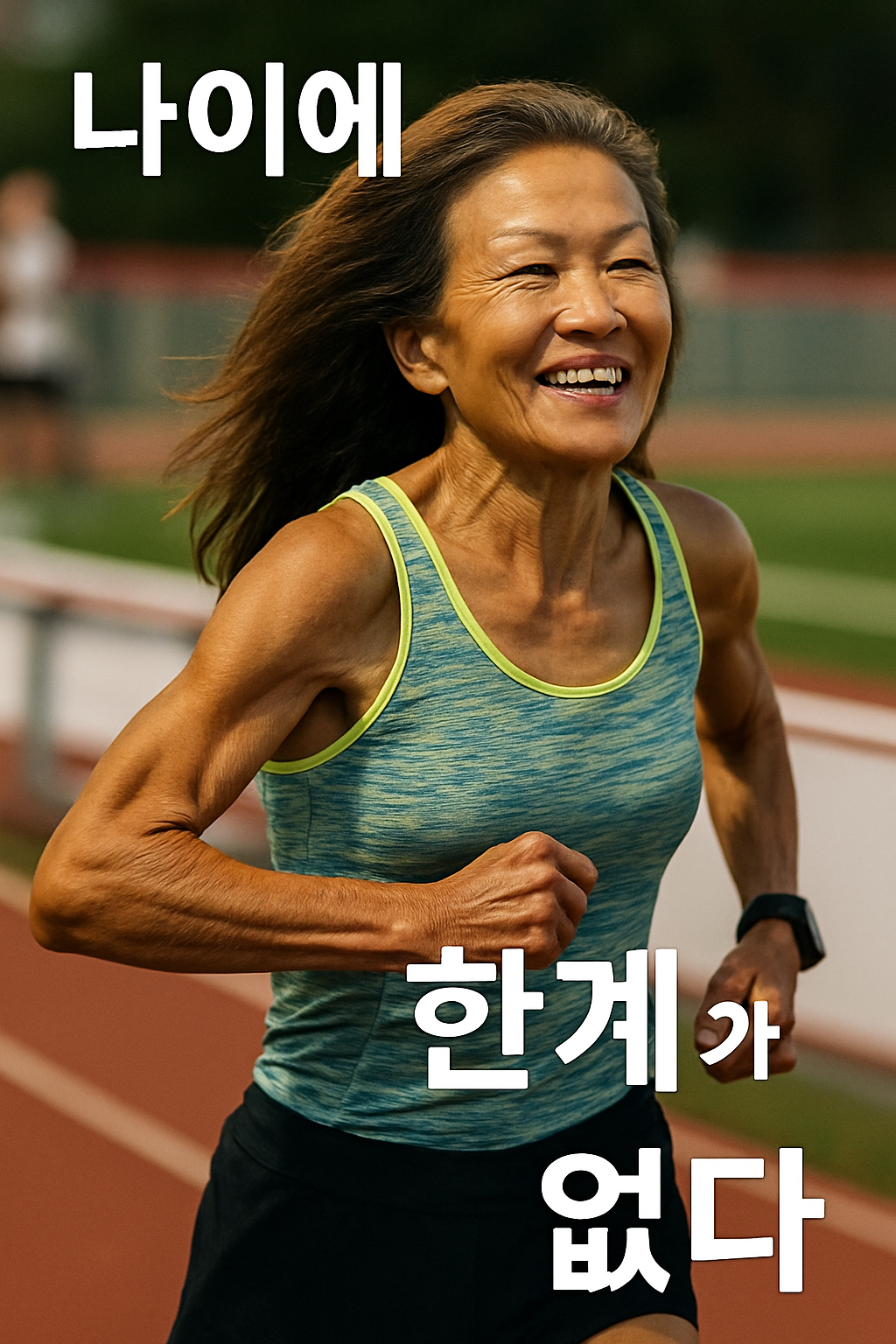 나이든 여자의 달리는 "나이에 한계가 없다" 문구 삽입된 이미지