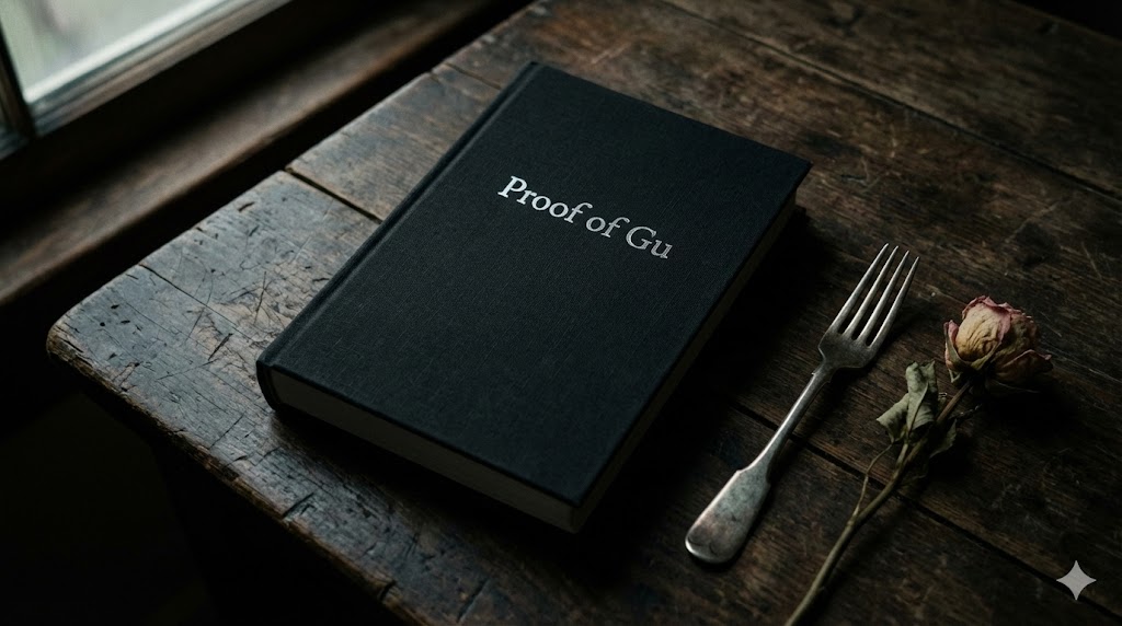 A stylish black hardcover book on a wooden table, mysterious and emotional mood.