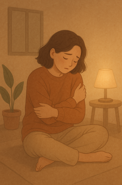 부드러운 조명 아래 스스로를 안아주는 사람