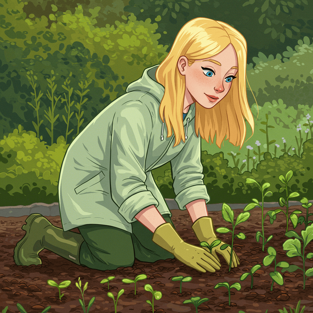 여자가 모종을 심고 있다