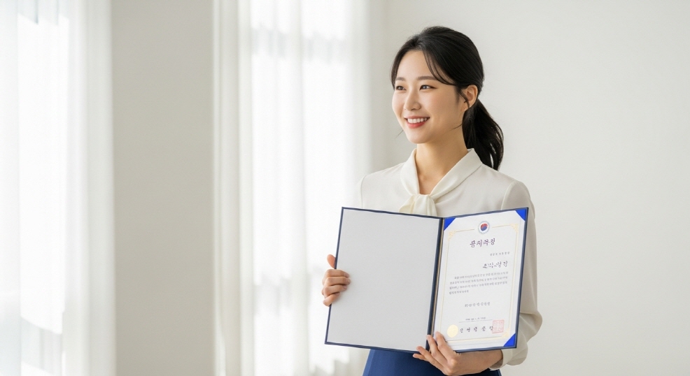 학생이 자격증을 받는 모습