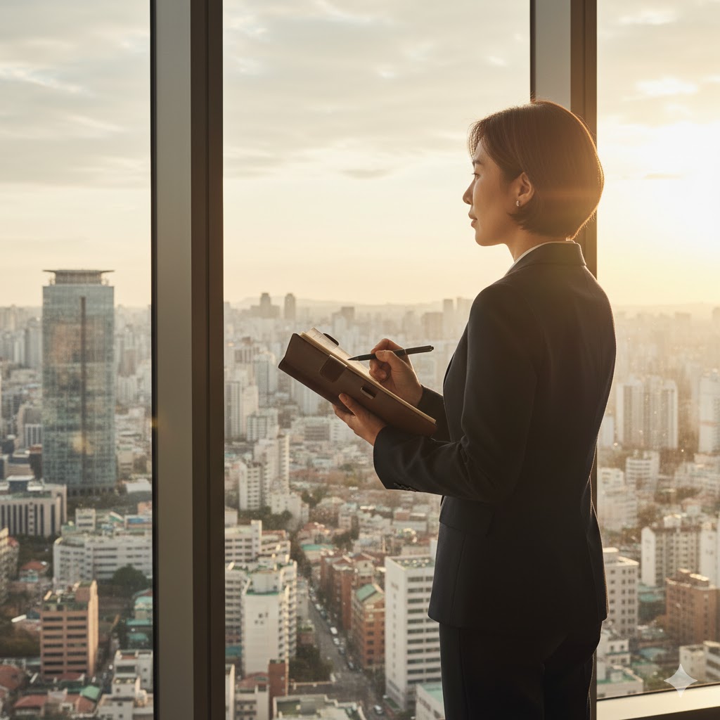 설 연휴를 앞두고 창밖의 도심 풍경을 바라보며 연휴 기간의 시스템 활용 전략과 파트너 안부 리스트를 정리하는 전문적인 한국 여성 리더의 모습