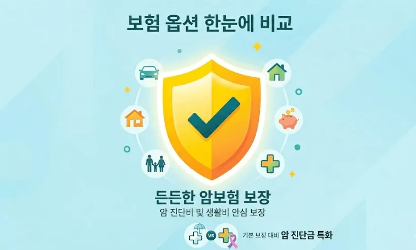 암보험 비교 및 필요성: 중앙에 든든한 보장을 상징하는 노란색 방패와 체크 마크가 배치된 암보험 비교 및 필요성 총정리 포스팅의 대표 이미지입니다. 방패 주변으로 가족, 저축, 집 등 생활 전반을 의미하는 아이콘이 둘러싸여 있어, 실손보험만으로 부족한 치료 기간의 소득 공백과 생활비 보장의 중요성을 직관적으로 보여줍니다. 하단에는 '든든한 암보험 보장', '암 진단비 및 생활비 안심 보장'이라는 텍스트가 포함되어 2026년 기준 최적의 암보험 가입 시기와 진단금 정보를 찾는 독자를 위한 인포그래픽입니다."