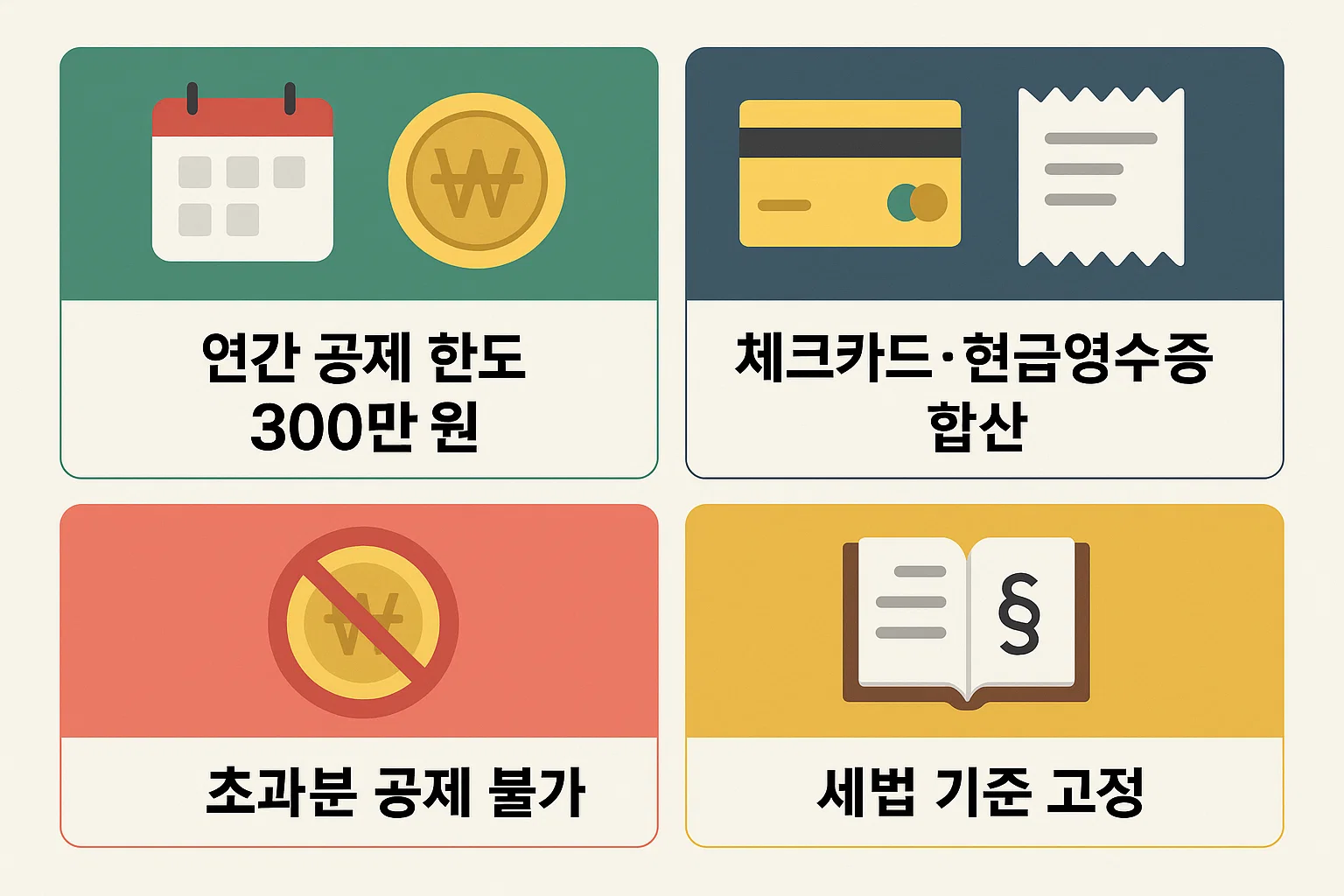체크카드 소득공제 한도가 연간 300만원으로 제한되며 신용카드와 현금영수증 사용액이 합산 적용되는 구조를 시각적으로 정리한 설명 이미지입니다
