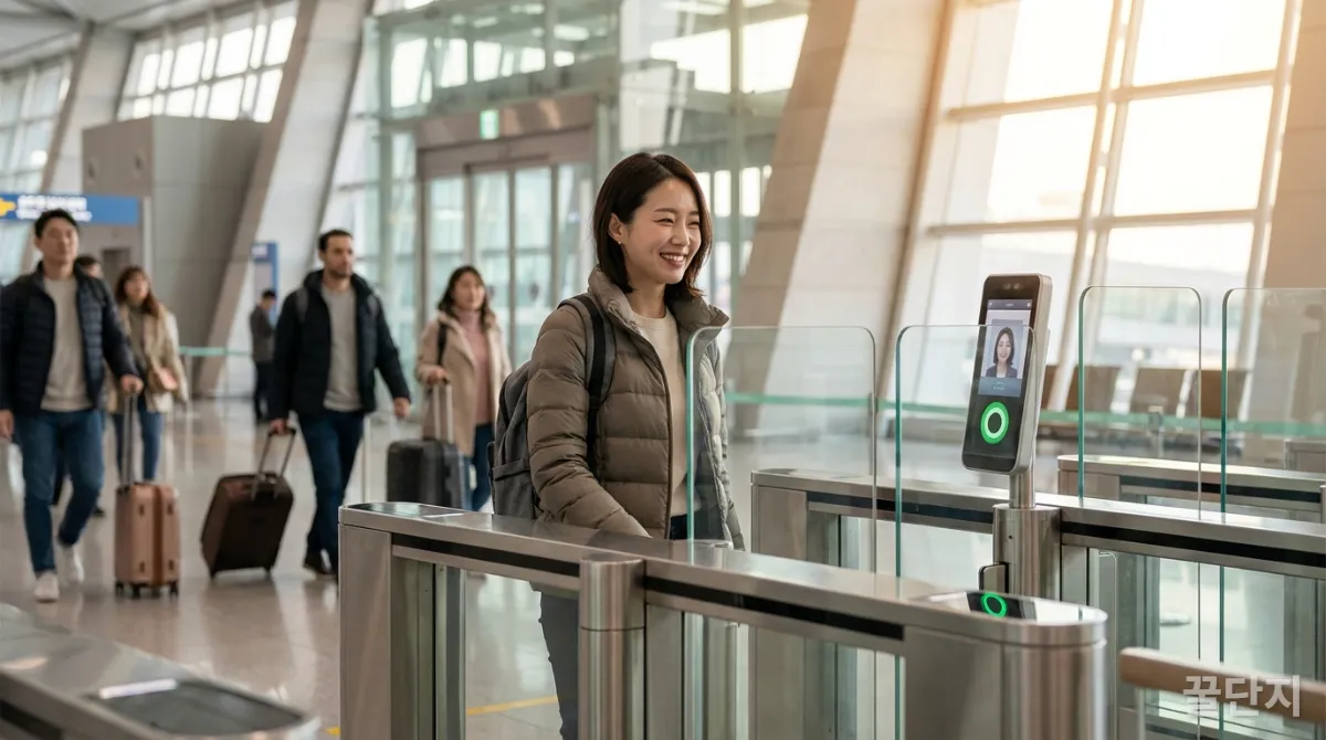 한국인 여행객이 얼굴 인식 기술을 이용해 공항 자동 출입국 게이트를 통과하는 모습