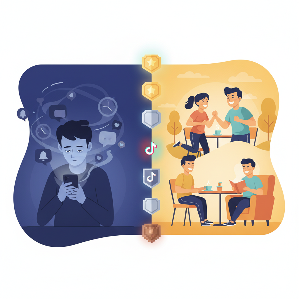 어두운 조명 속에서 지친 표정으로 스마트폰을 보는 사람과 밝은 조명 아래에서 활기차게 현실 세계와 교감하는 같은 사람을 양쪽으로 나눈 화면. 두 장면 사이로 청동, 은, 금 배지가 중독적인 스크롤에서 균형잡힌 디지털 생활로의 전환 경로를 표현하고 있는 일러스트레이션