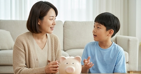 아이와 저금통을 앞에 두고 마주 앉아 이야기 나누는 모습