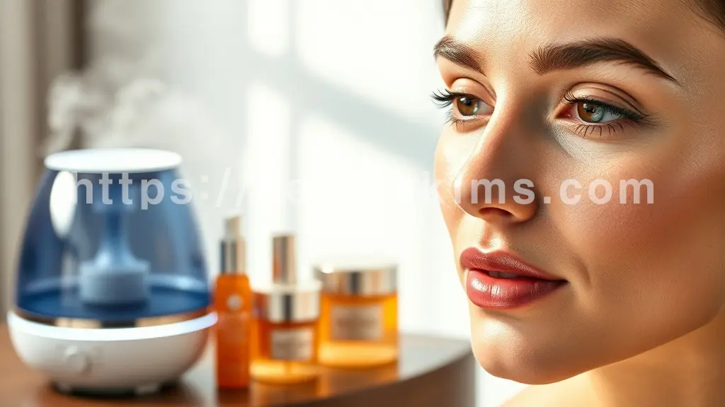 맑고 투명한 피부를 가진 여성의 얼굴에 세라마이드와 히알루론산 성분이 돋보이는 고보습 크림이 부드럽게 흡수되는 순간을 클로즈업.